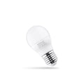 Ampoule LED E27 en mini globe opale avec ses marquages 620 lm et 3000 K et son culot à vis métallique