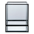 Photophore Hurricane cube en verre transparent et métal noir fond miroir, vue de face