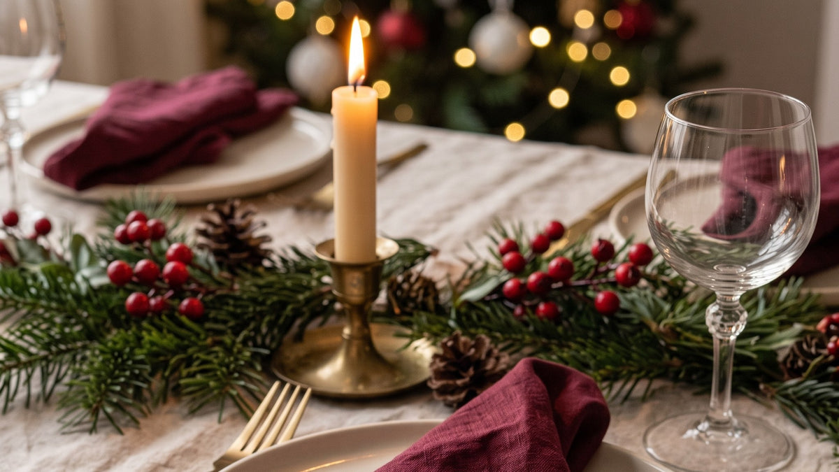 Table de Noël dressée à la bougie, branches de sapin et baies rouges, serviettes en lin bordeaux