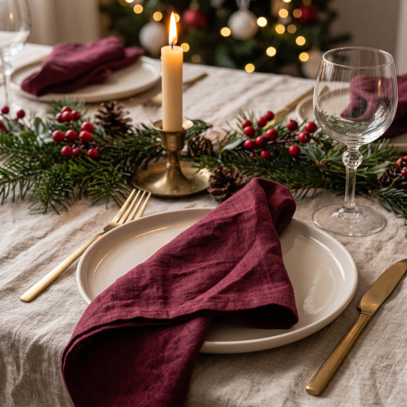 Table de Noël dressée sur une nappe en lin, bougie dans un bougeoir en laiton, branches de sapin et baies rouges