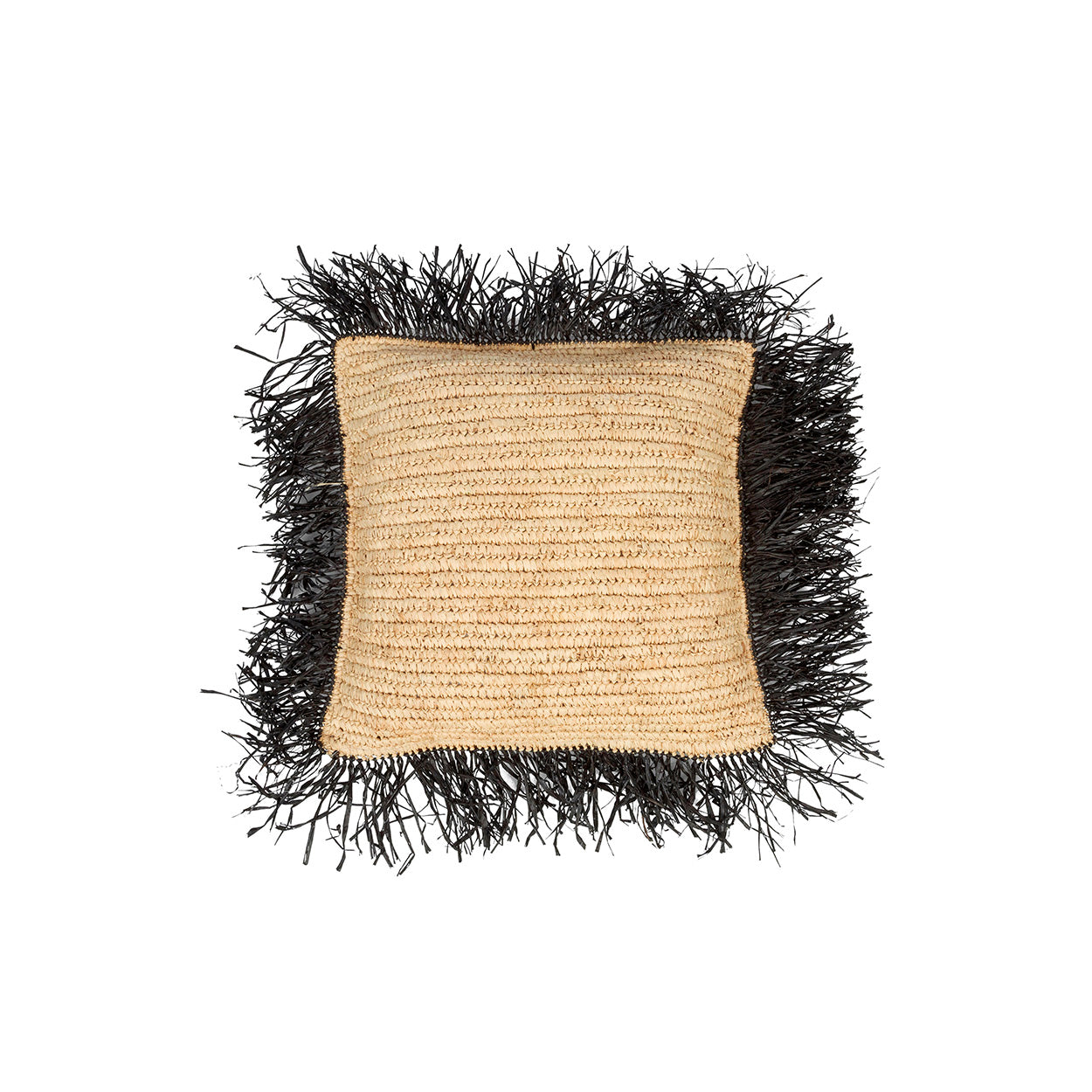 Housse de coussin en raphia naturel à frange noire 40x40 cm