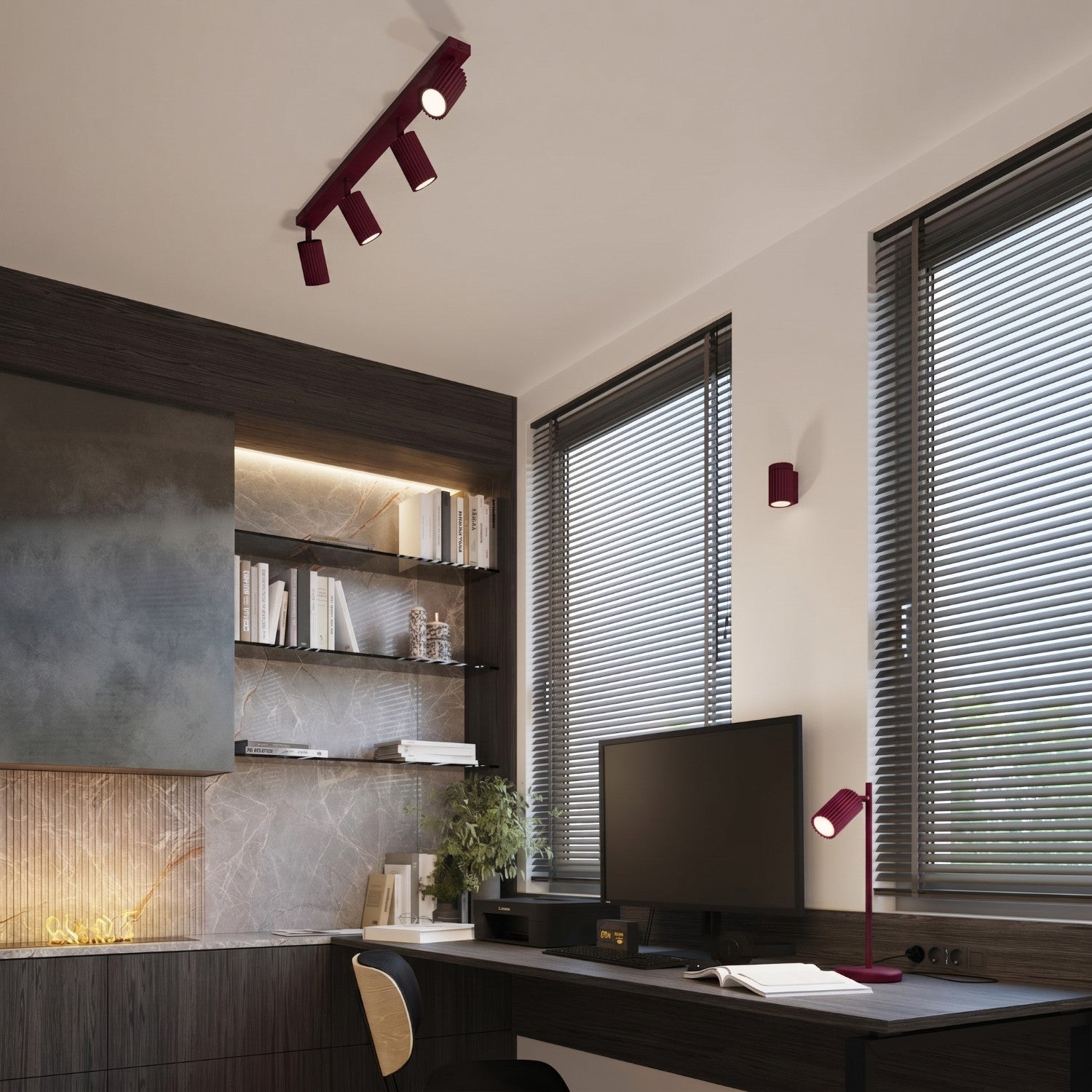 Plafonnier Karbon rampe 4 spots aluminium bordeaux GU10 vue de profil