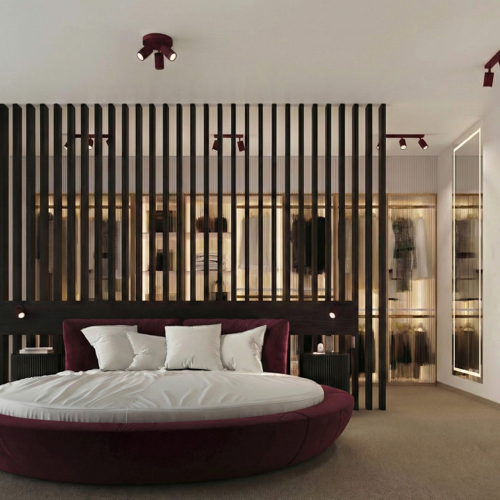 Plafonnier Karbon 3 spots rond aluminium bordeaux GU10 détail