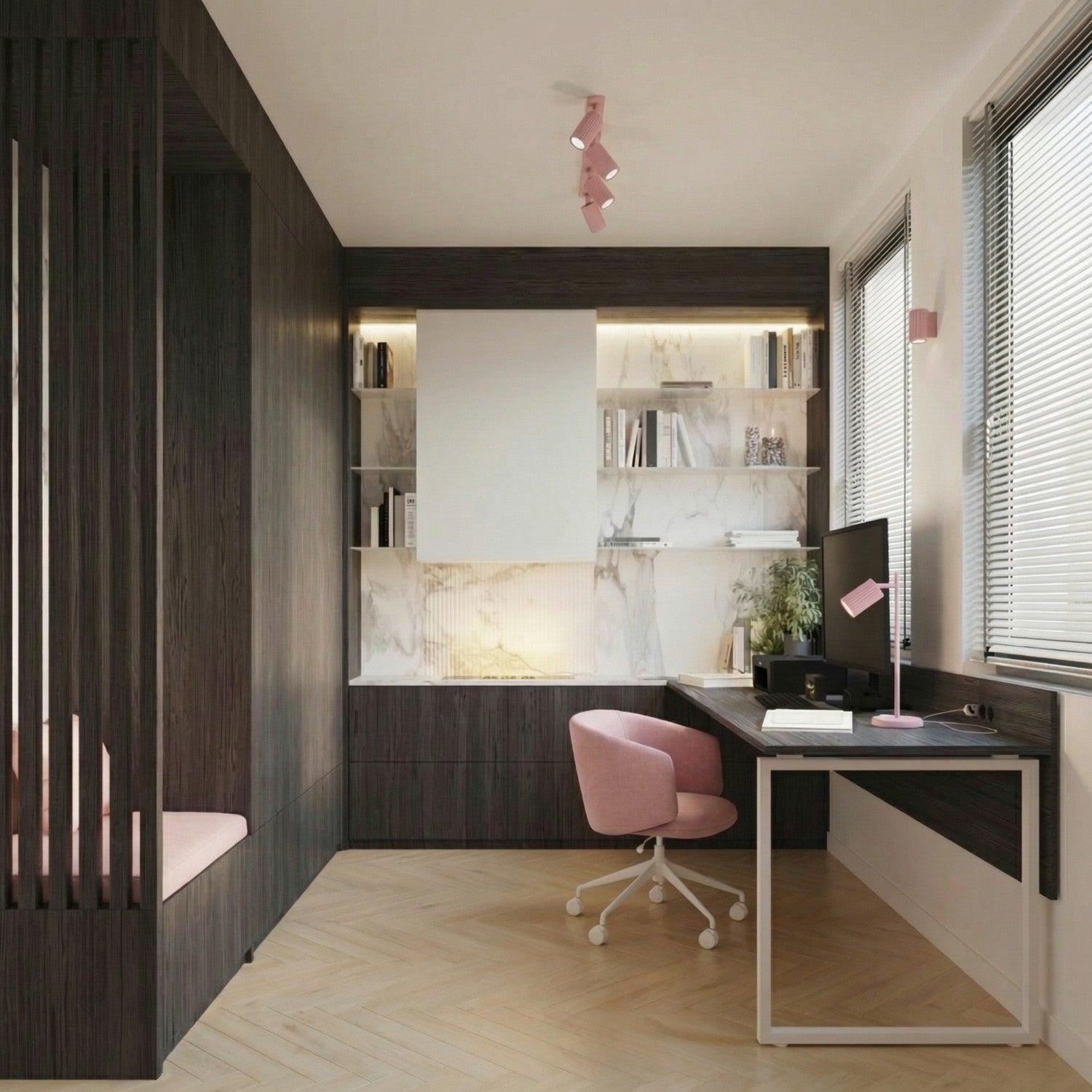 Plafonnier Karbon rampe 4 spots aluminium rose GU10 détail