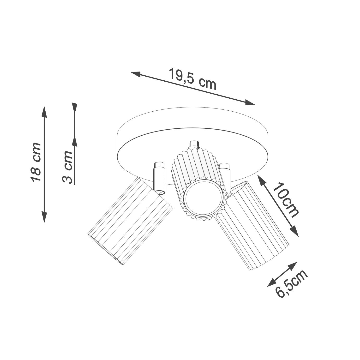 Plafonnier Karbon 3 spots rond aluminium outremer GU10 schéma des dimensions