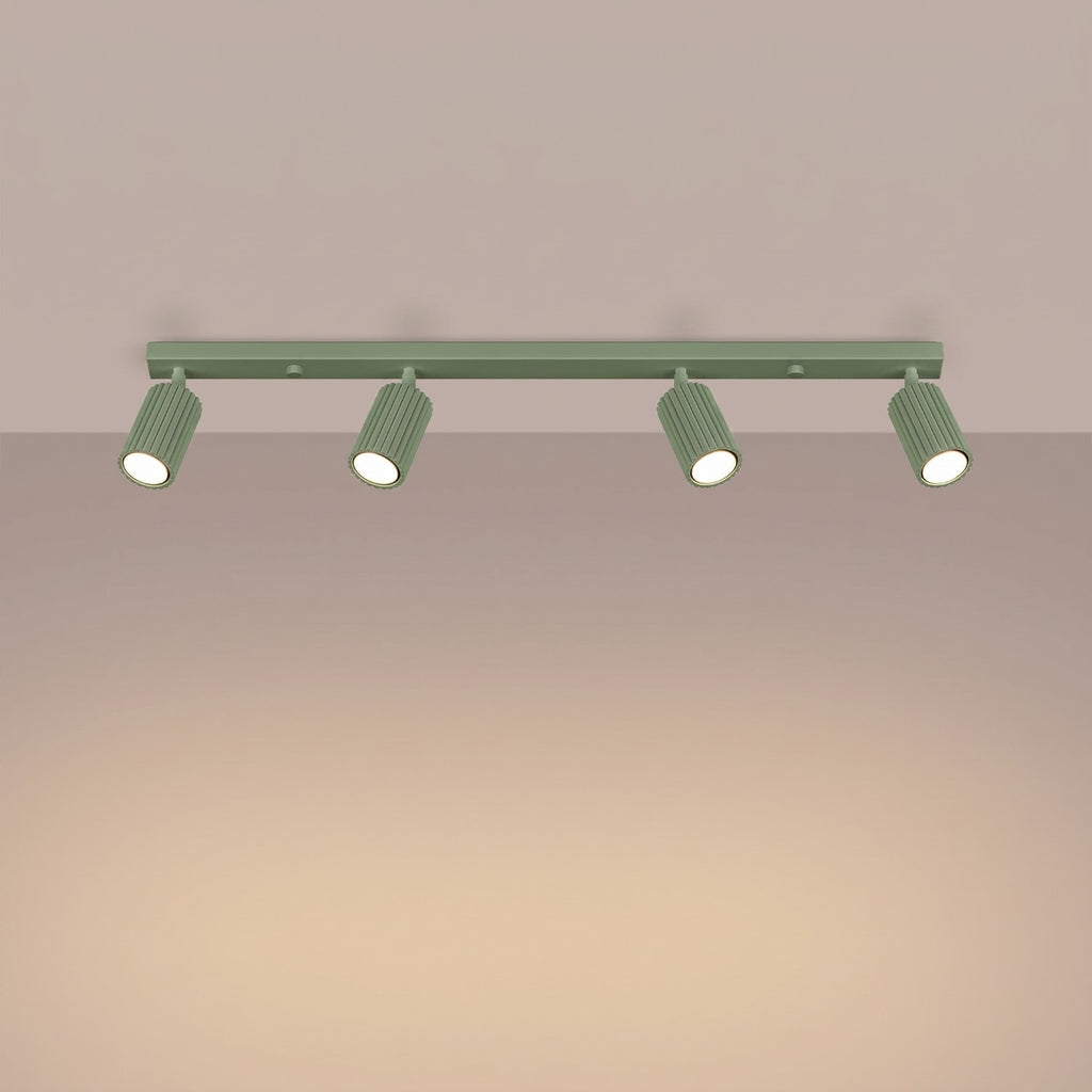 Plafonnier Karbon rampe 4 spots aluminium vert sauge GU10 vue de trois quarts