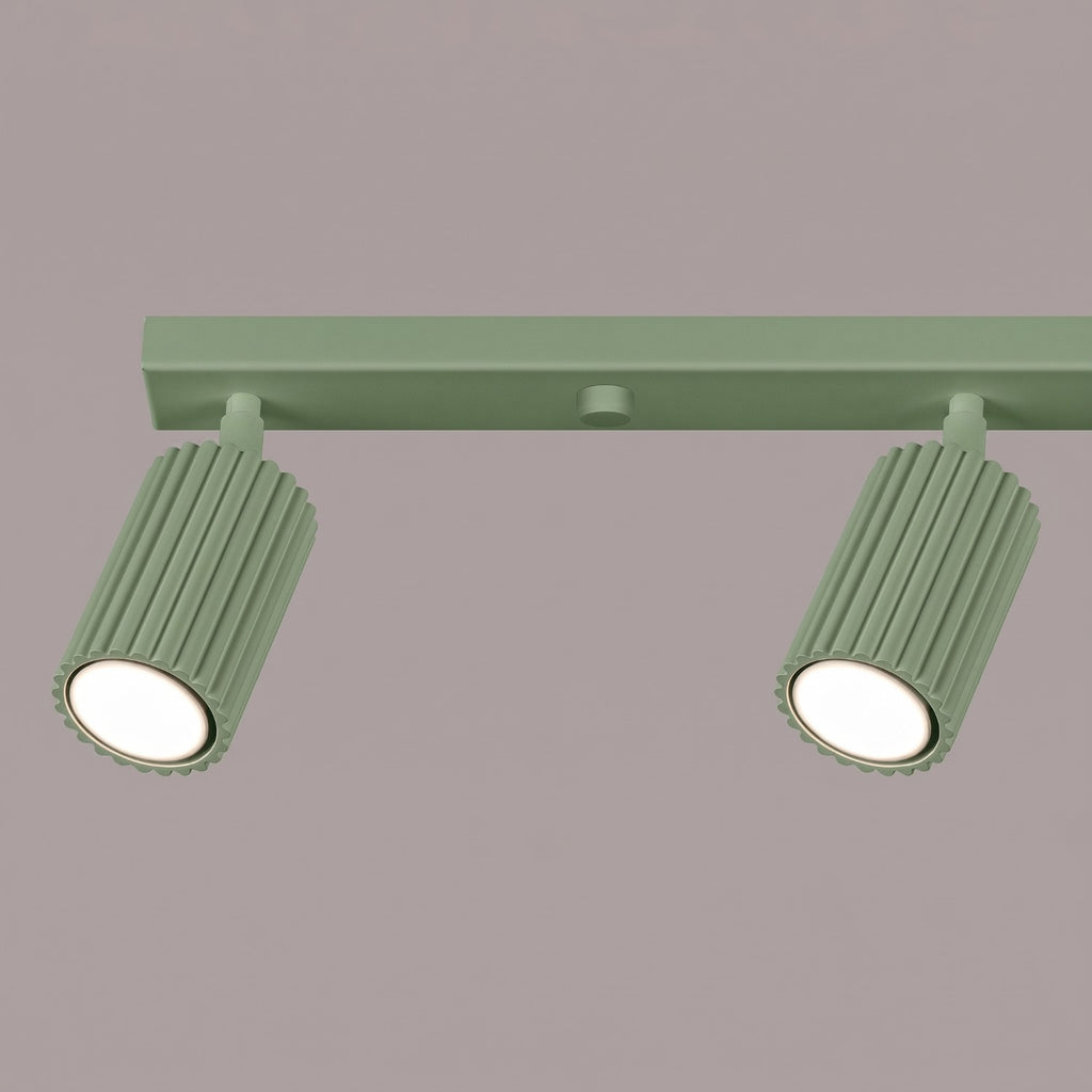 Plafonnier Karbon rampe 4 spots aluminium vert sauge GU10 détail des cannelures