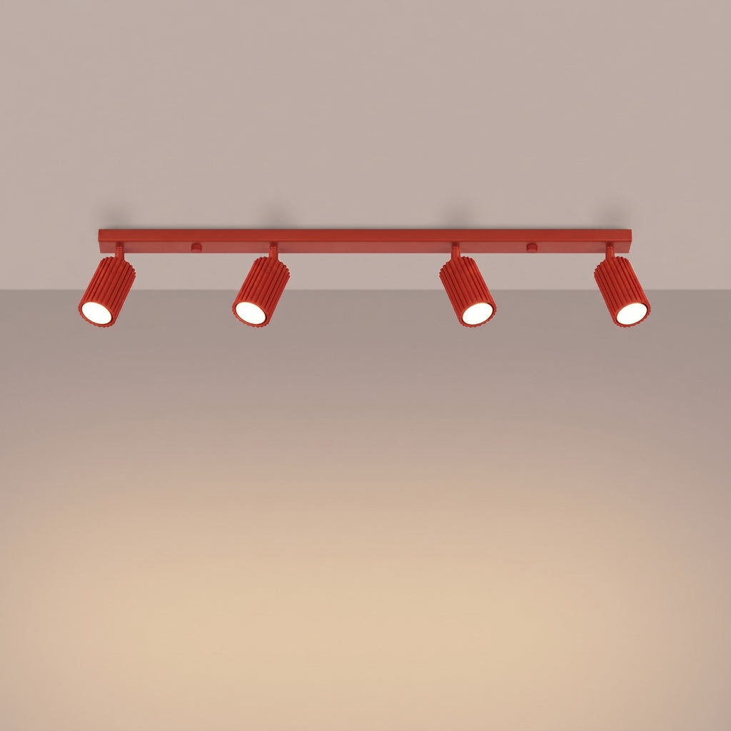 Plafonnier Karbon rampe 4 spots aluminium rouge GU10 vue de trois quarts