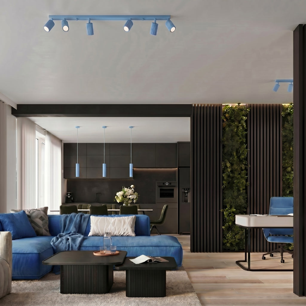 Plafonnier Karbon rampe 4 spots aluminium bleu clair GU10 vue de dessous