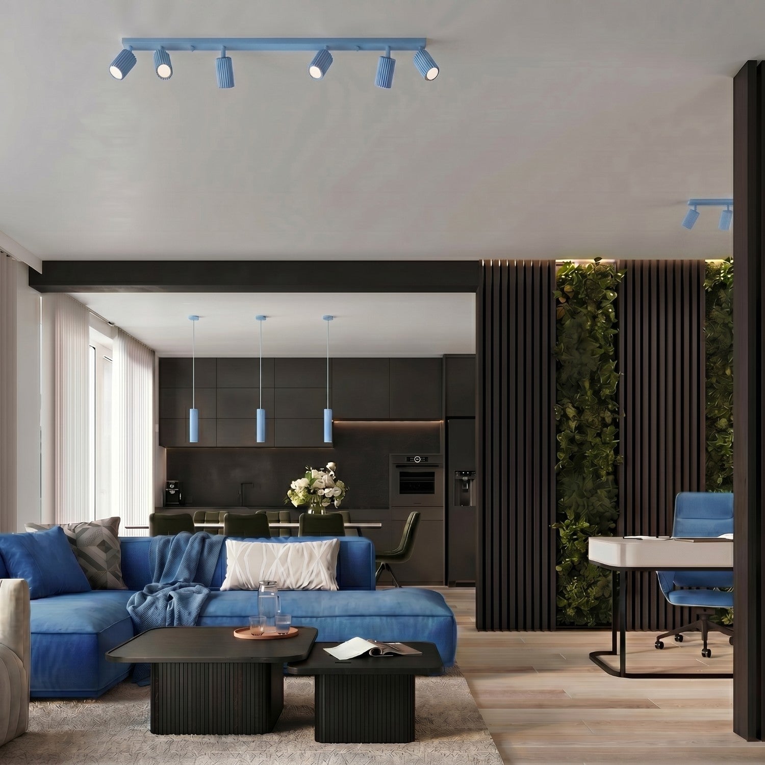 Plafonnier Karbon rampe 4 spots aluminium bleu clair GU10 vue de dessous