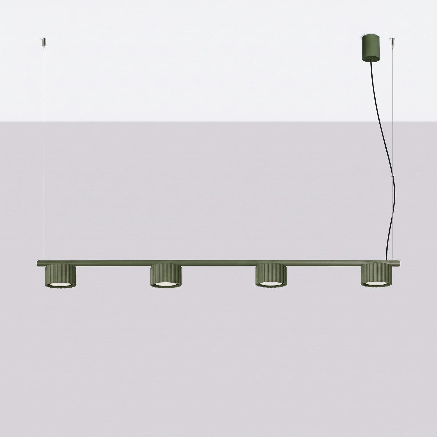 Lustre Aura rampe 4 tambours aluminium vert olive GX53 vue de profil