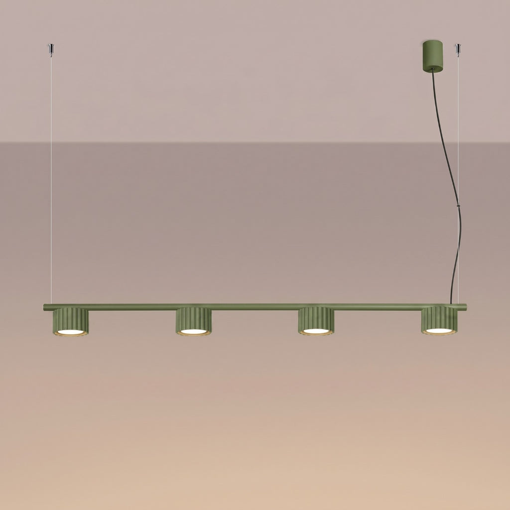 Lustre Aura rampe 4 tambours aluminium vert olive GX53 vue de trois quarts