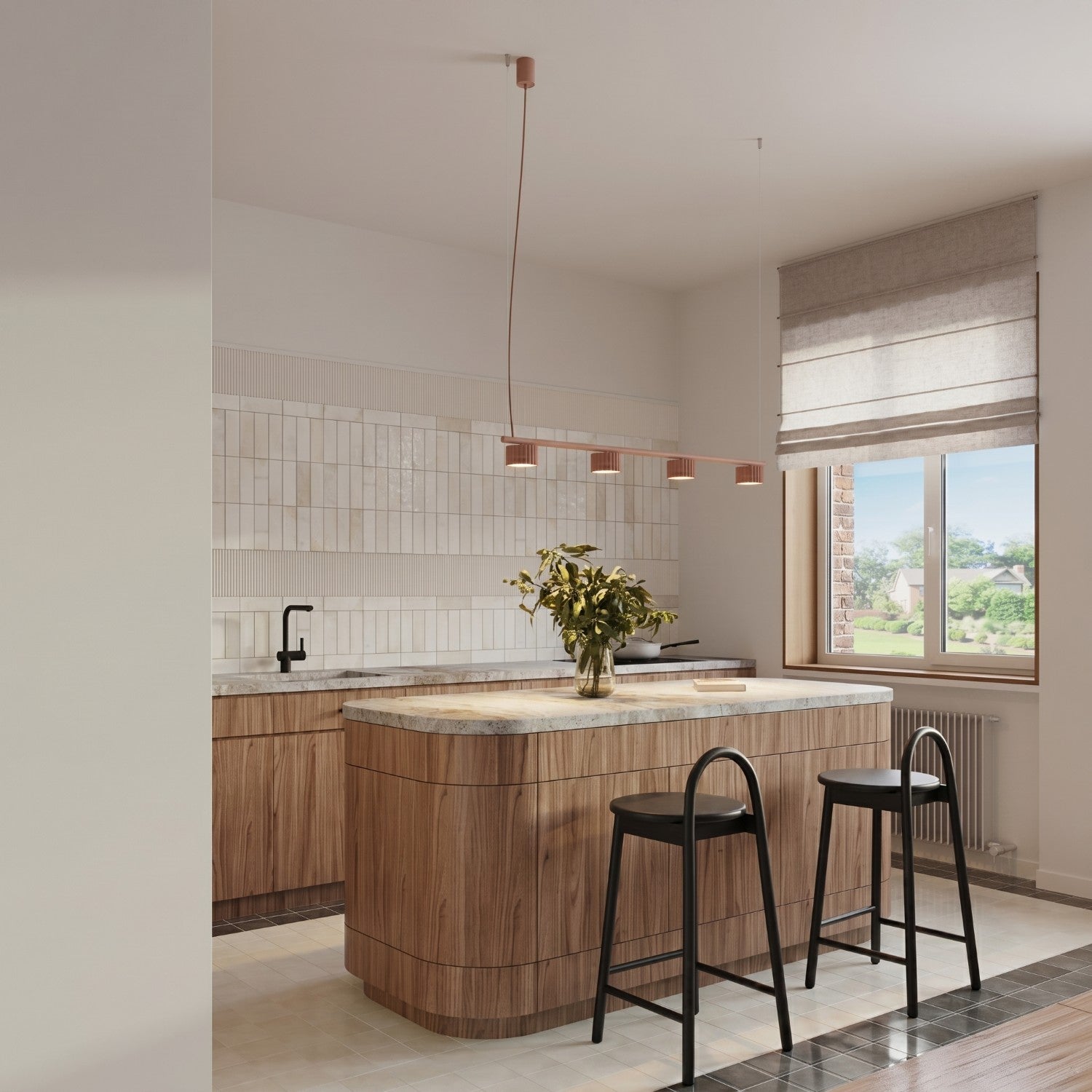 Lustre Aura rampe 4 tambours aluminium mocca GX53 vue de trois quarts