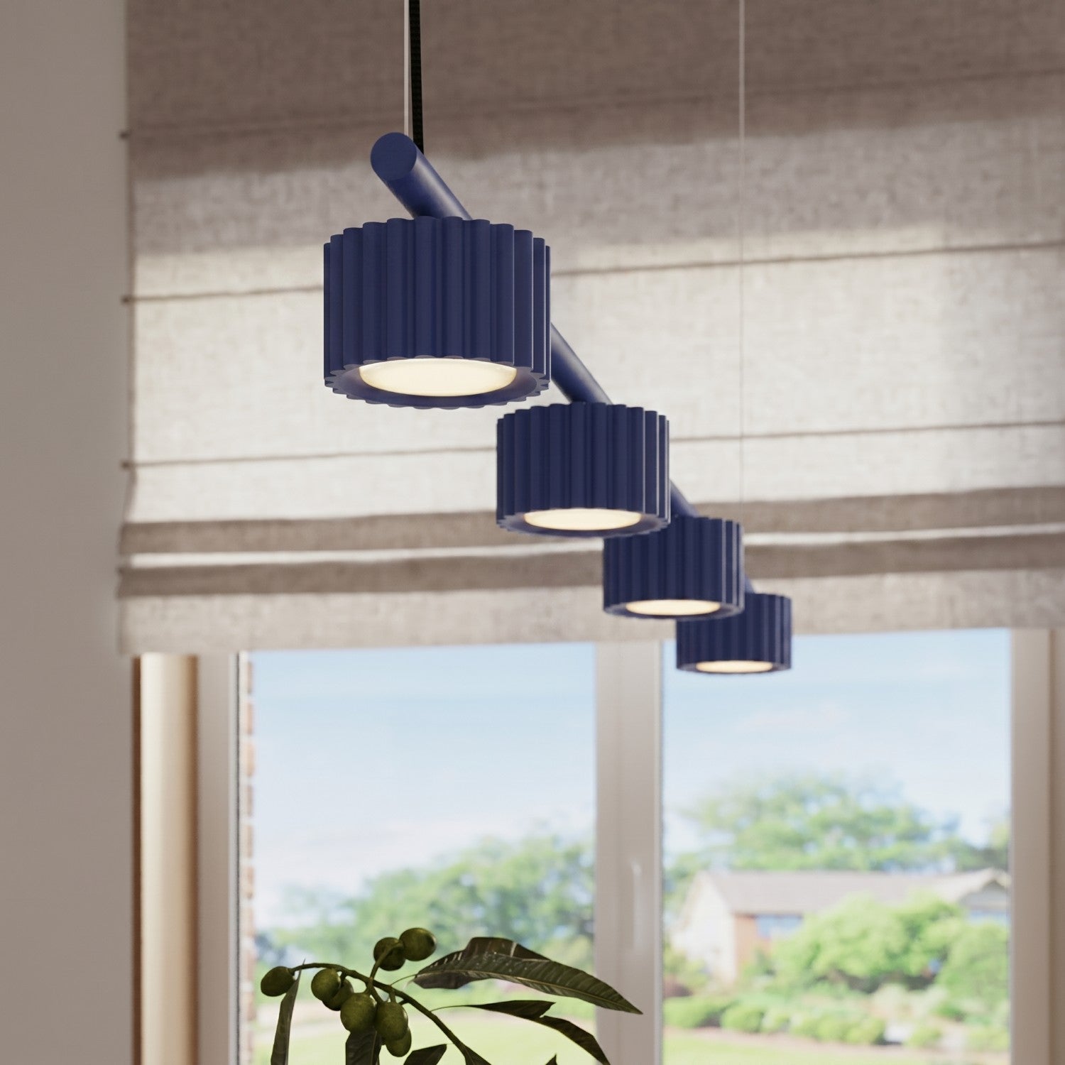 Lustre Aura rampe 4 tambours aluminium outremer GX53 en situation