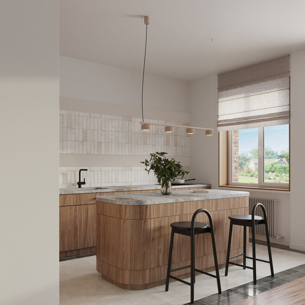 Lustre Aura rampe 4 tambours aluminium taupe GX53 vue de trois quarts