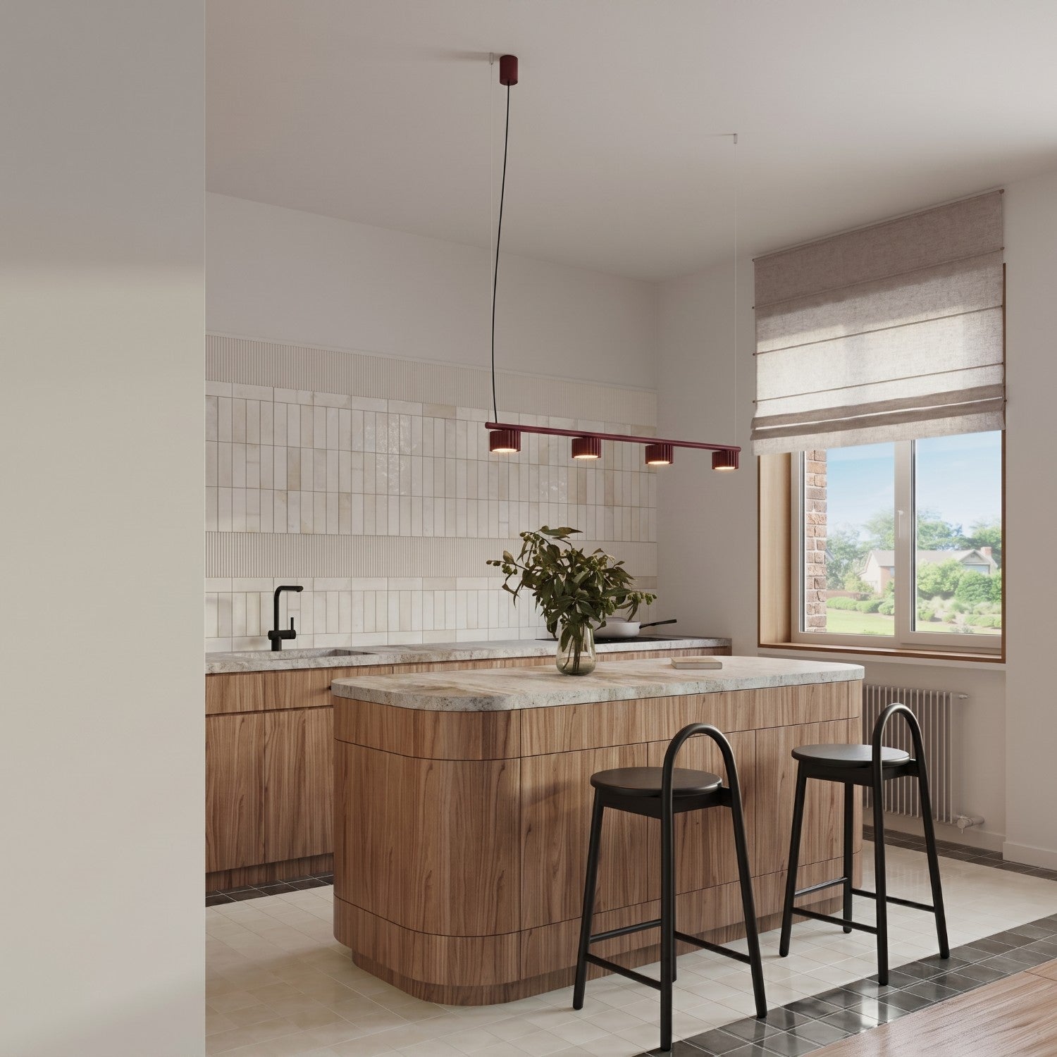 Lustre Aura rampe 4 tambours aluminium bordeaux GX53 vue de trois quarts