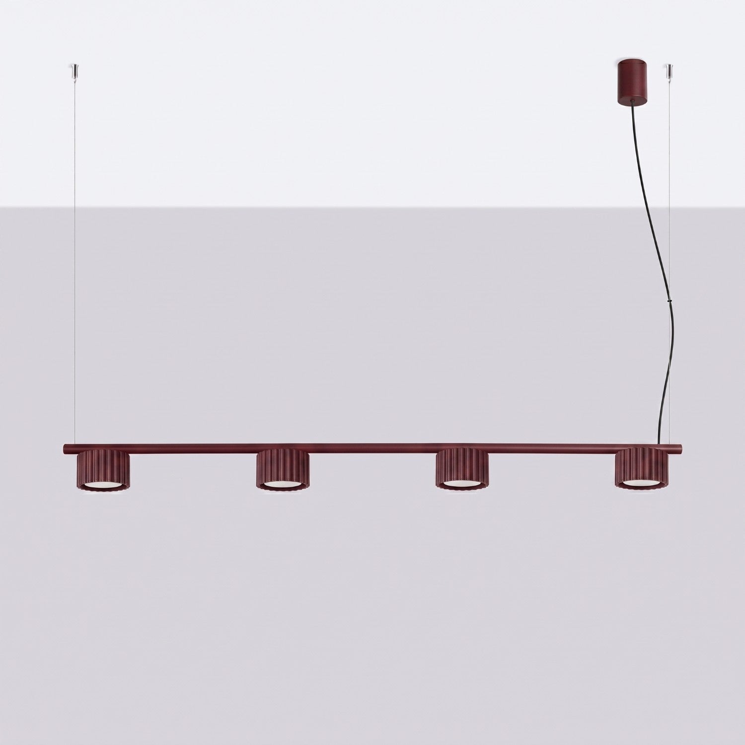 Lustre Aura rampe 4 tambours aluminium bordeaux GX53 vue de profil