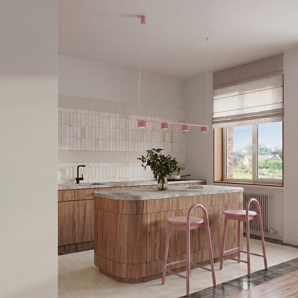 Lustre Aura rampe 4 tambours aluminium rose GX53 vue de trois quarts