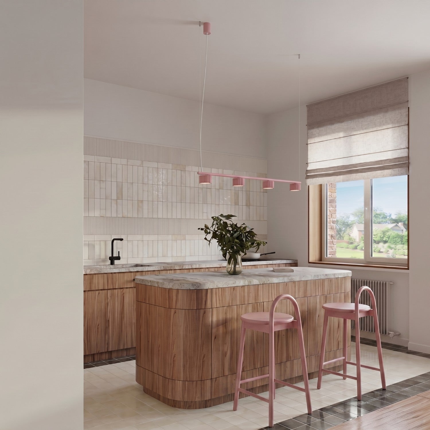 Lustre Aura rampe 4 tambours aluminium rose GX53 vue de trois quarts