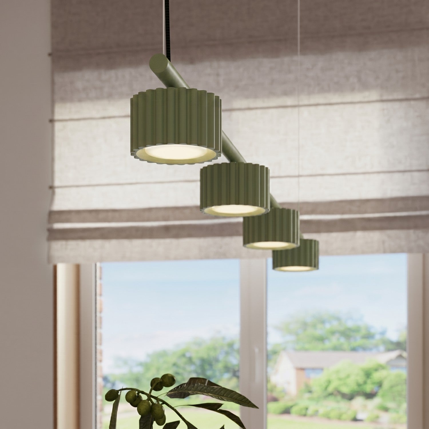Lustre Aura rampe 4 tambours aluminium vert sauge GX53 en situation