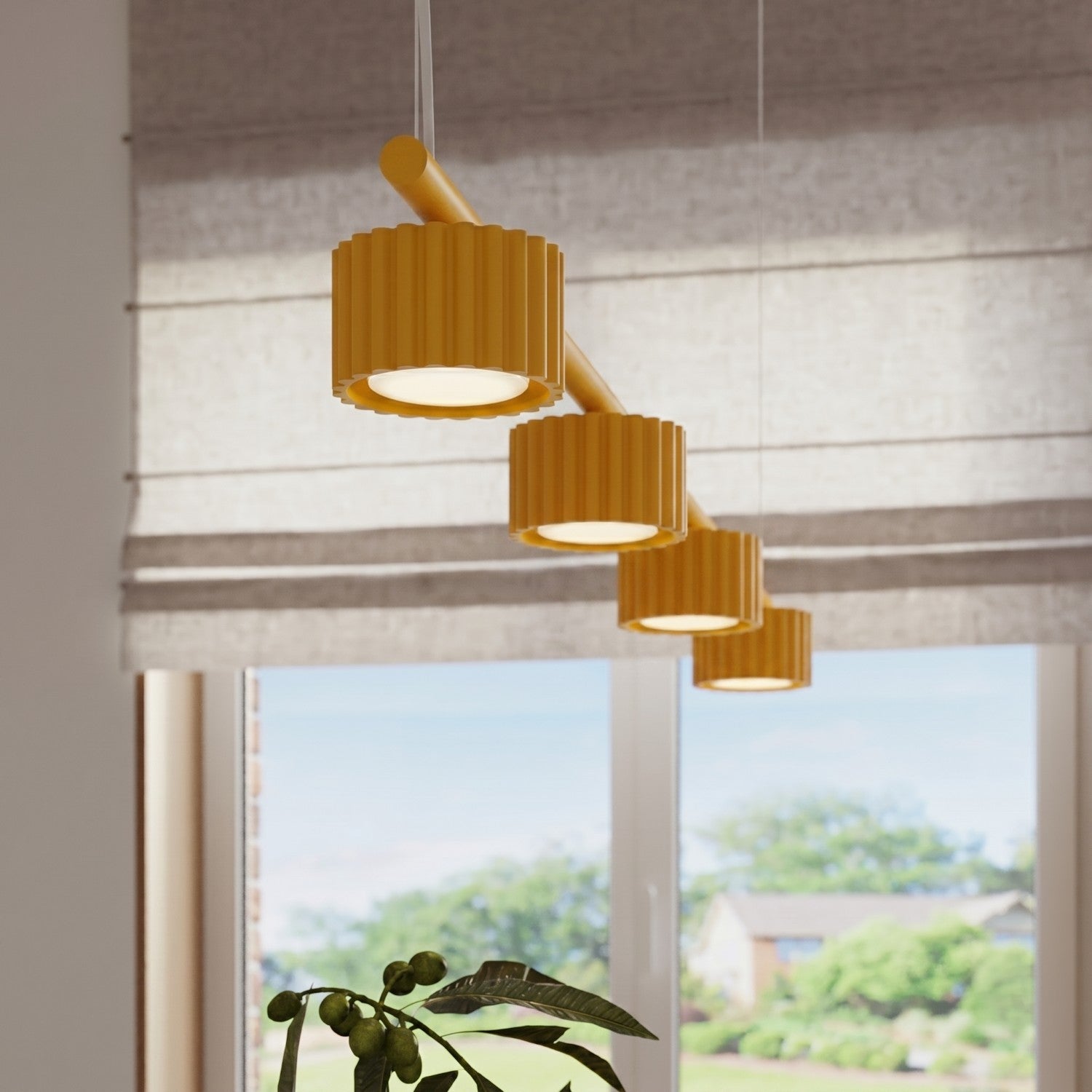 Lustre Aura rampe 4 tambours aluminium jaune GX53 en situation