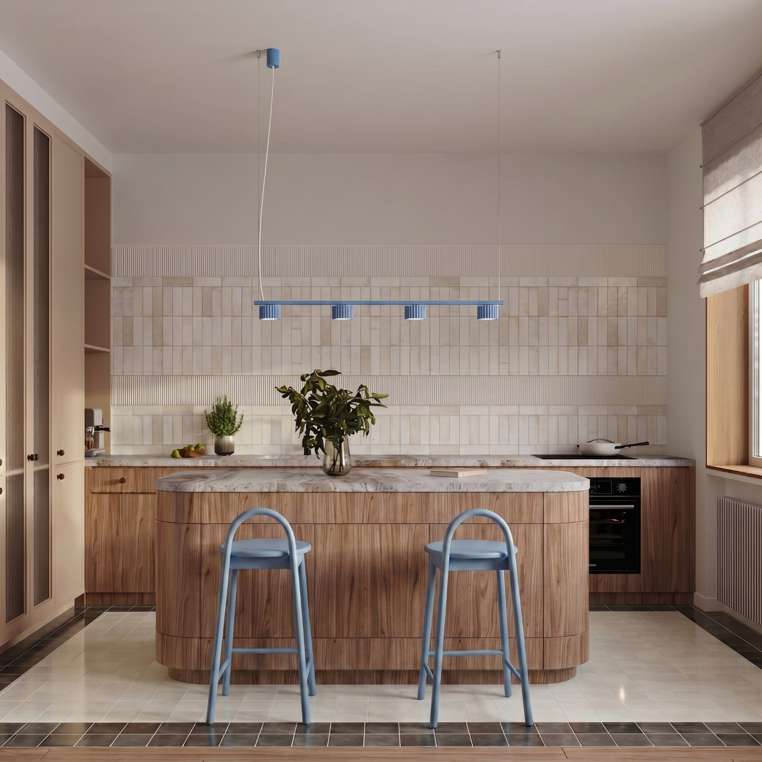 Lustre Aura rampe 4 tambours aluminium bleu clair GX53 vue de profil