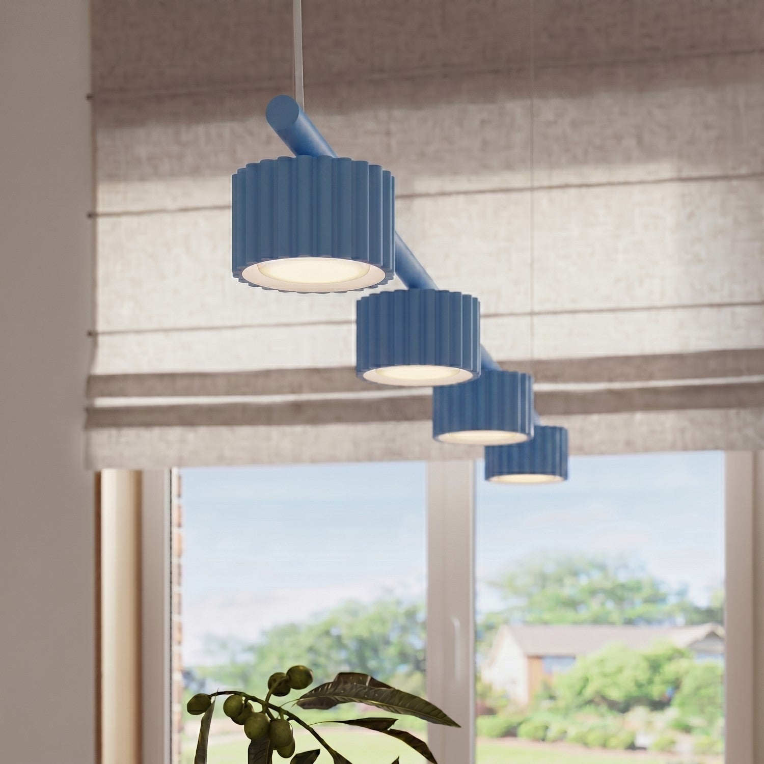 Lustre Aura rampe 4 tambours aluminium bleu clair GX53 en situation
