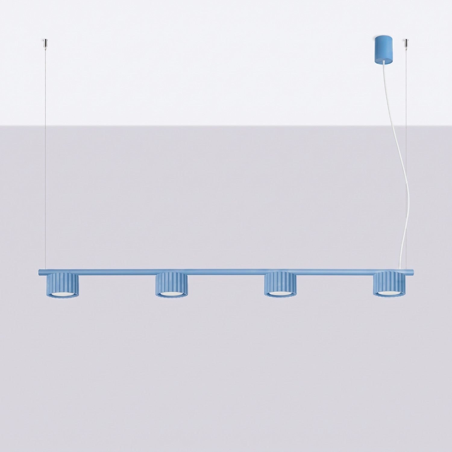 Lustre Aura rampe 4 tambours aluminium bleu clair GX53 vue de profil
