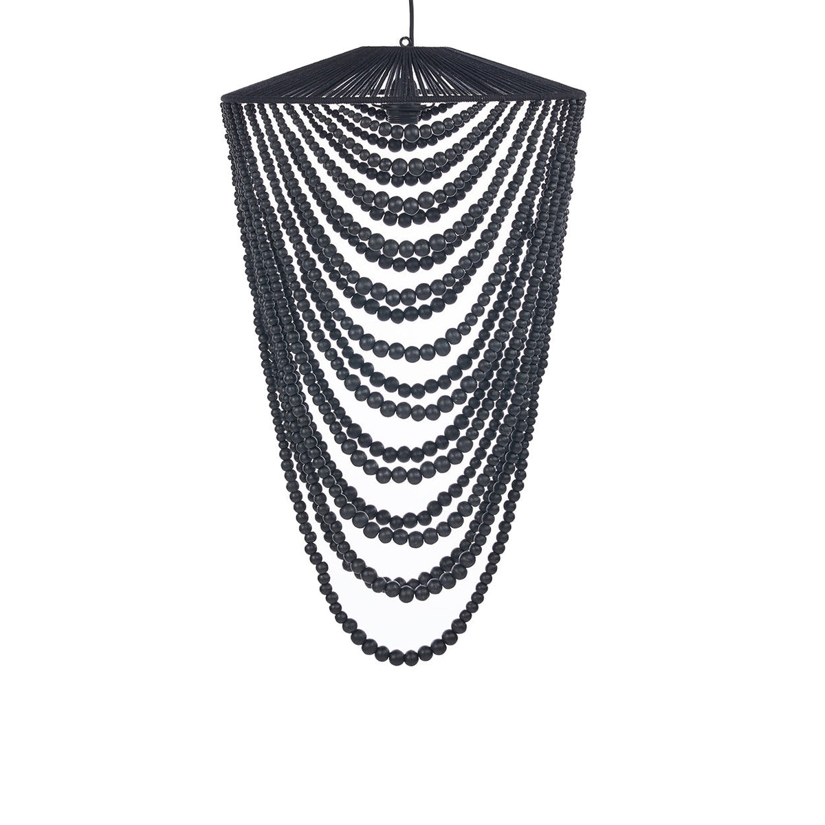 Abat-jour de lustre Wooden Bead perles de bois noir vu de face avec ses brins en festons