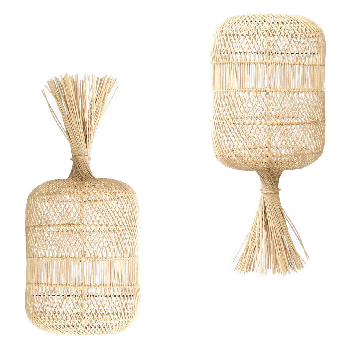 Abat-jour Dumpling en rotin naturel H 65 cm posé frange vers le haut et suspendu frange vers le bas