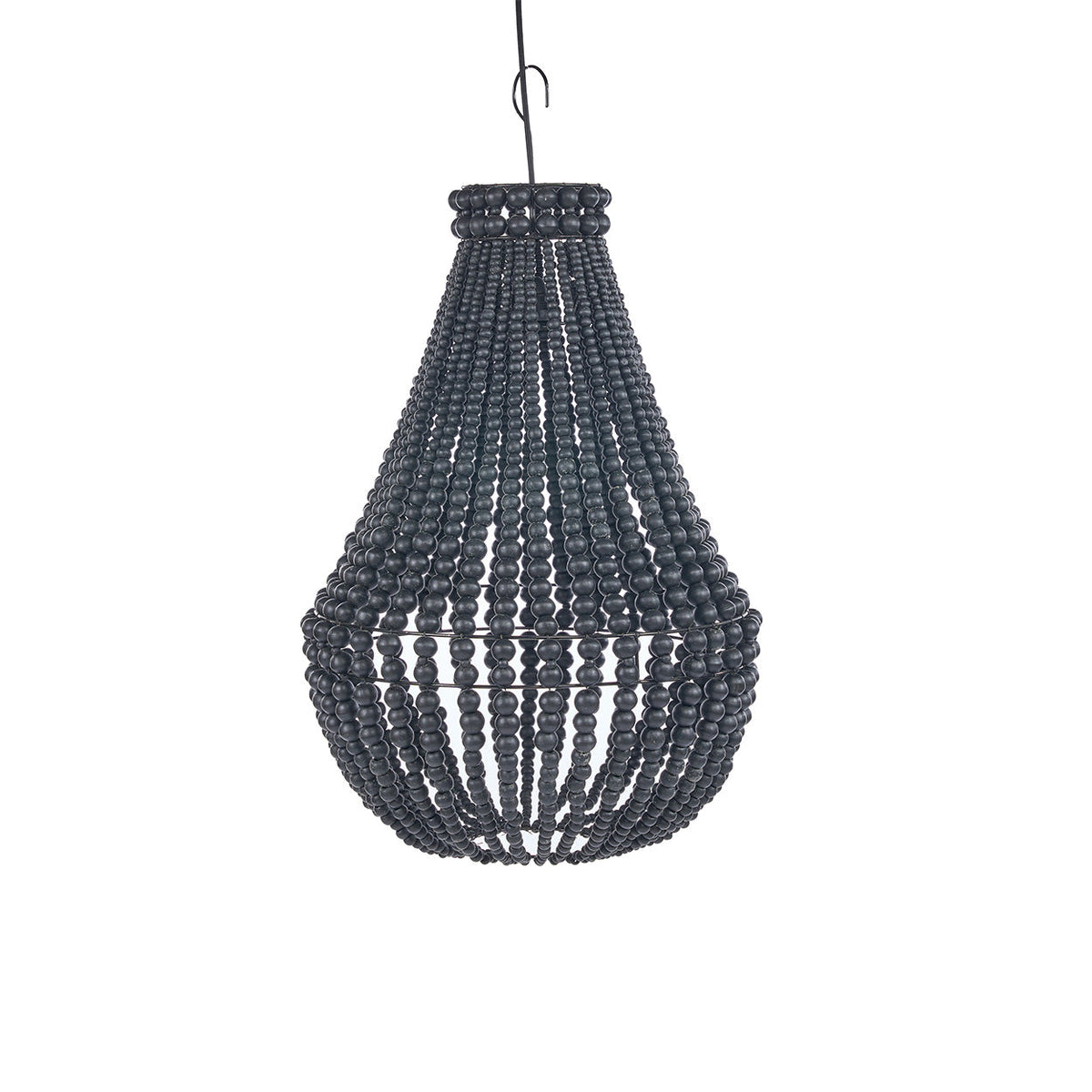 Abat-jour Teardrop en perles de bois noir suspendu vu de face