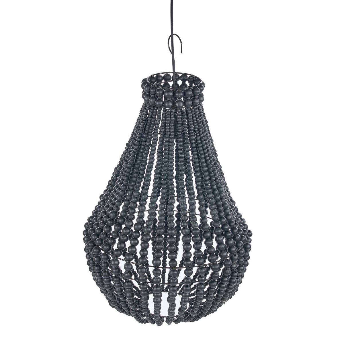 Abat-jour Teardrop en perles de bois noir vu de trois quarts sur fond blanc