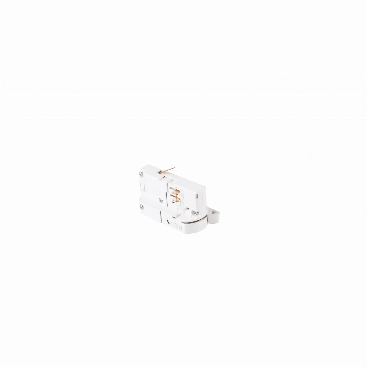 Adaptateur pour suspension sur rail triphasé métal blanc vu de côté avec ses contacts et ses vis