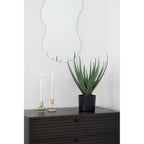 Aloe Vera artificiel dans pot noir sur buffet bois sombre avec miroir en salon