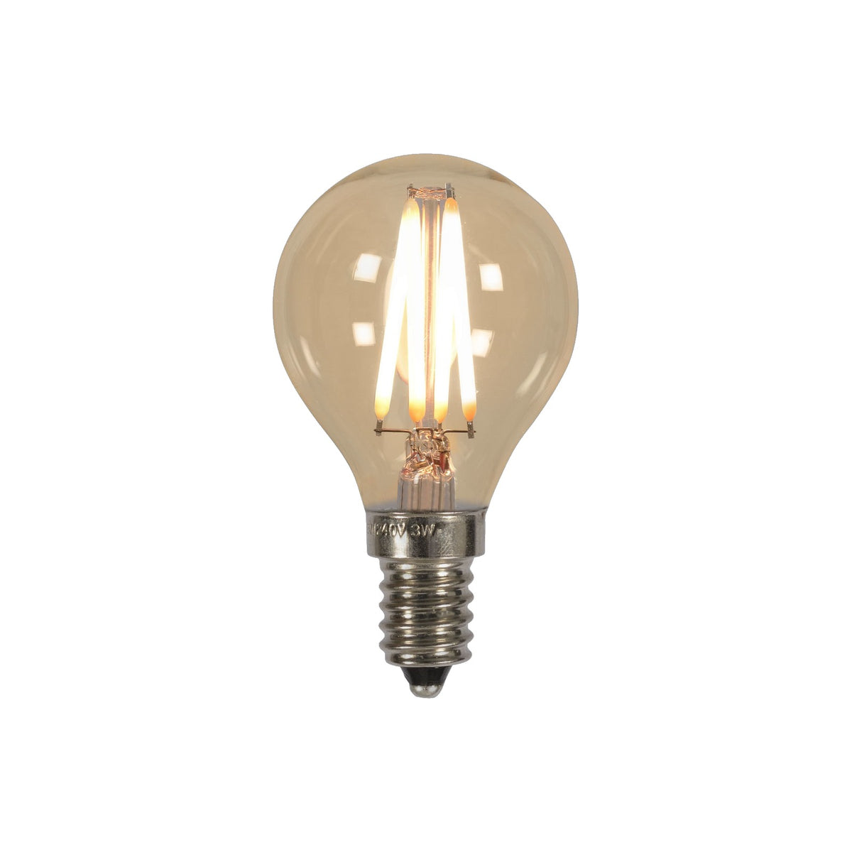 Ampoule LED E14 en globe de verre ambré allumée filaments apparents et culot à vis