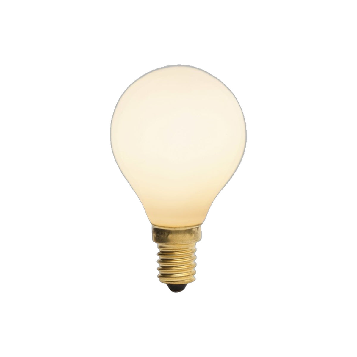Ampoule LED E14 sphère en verre blanc porcelaine allumée avec son culot à vis doré