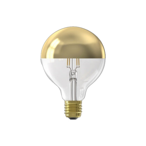 Ampoule LED E27 en globe à calotte miroir avec filament apparent et culot à vis vue de face