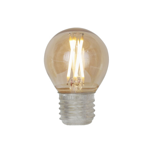 Ampoule LED E27 en petit globe de verre ambré avec ses filaments croisés allumés et son culot à vis