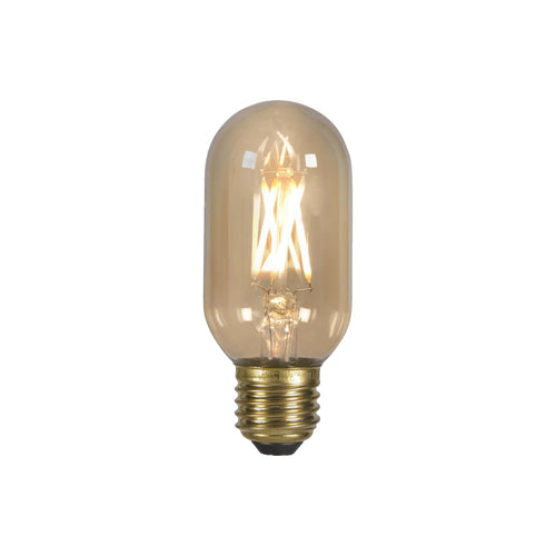 Ampoule LED E27 tube en verre ambré allumée avec ses filaments croisés et son culot à vis doré