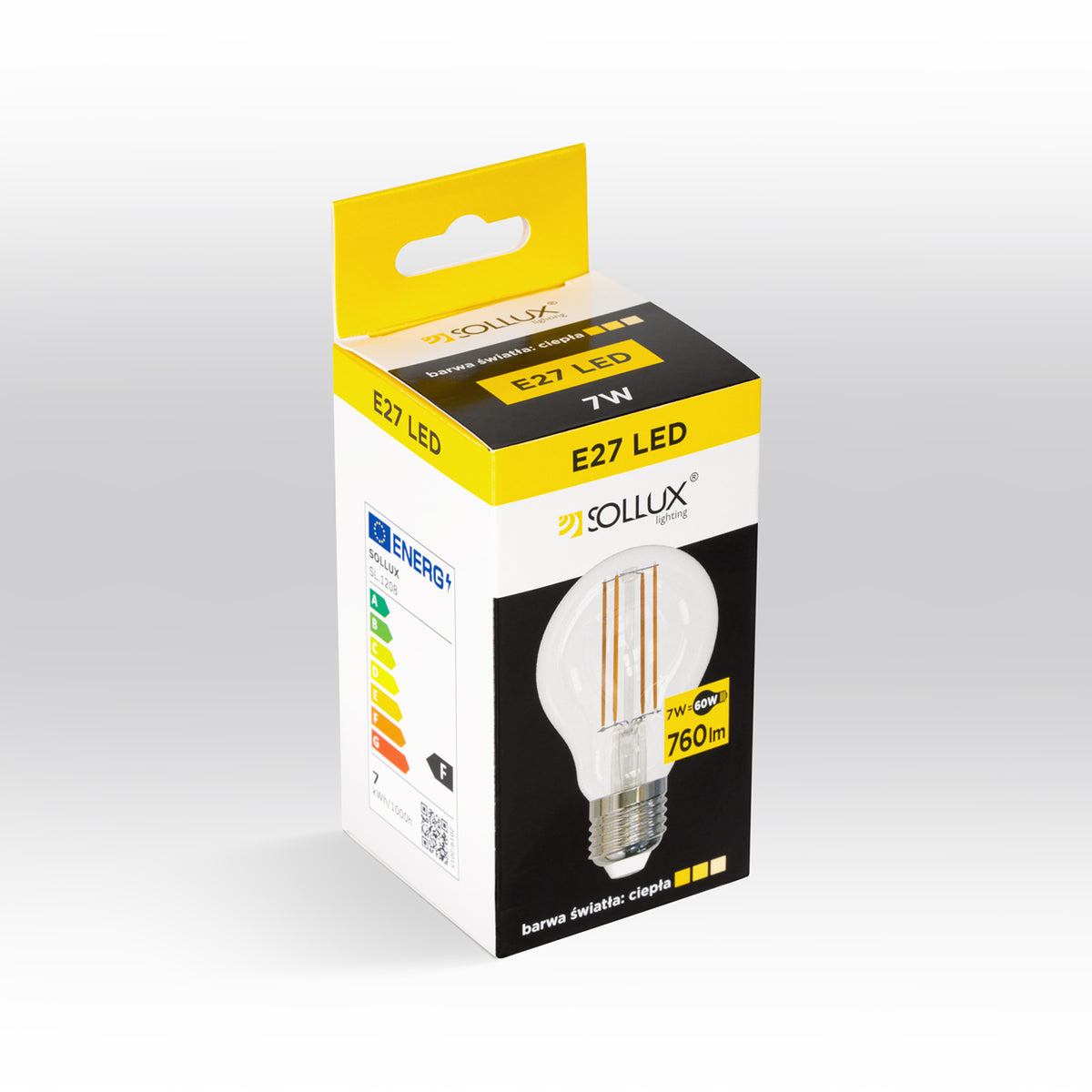 Boîte de l'ampoule LED filament E27 vue de trois quarts sur fond gris