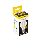 Emballage de l'ampoule LED filament E27 7 W avec son étiquette énergie classe F sur le côté