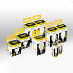 Emballages de plusieurs ampoules LED de la gamme avec au centre la boîte de l'ampoule à filaments E27