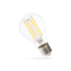 Ampoule LED à filaments E27 transparente vue de trois quarts avec ses quatre filaments droits