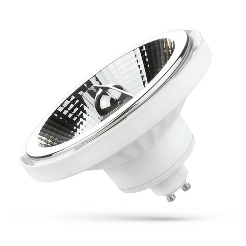 Ampoule LED GU10 AR111 au corps blanc et au large réflecteur à facettes d'aspect miroir avec ses deux ergots