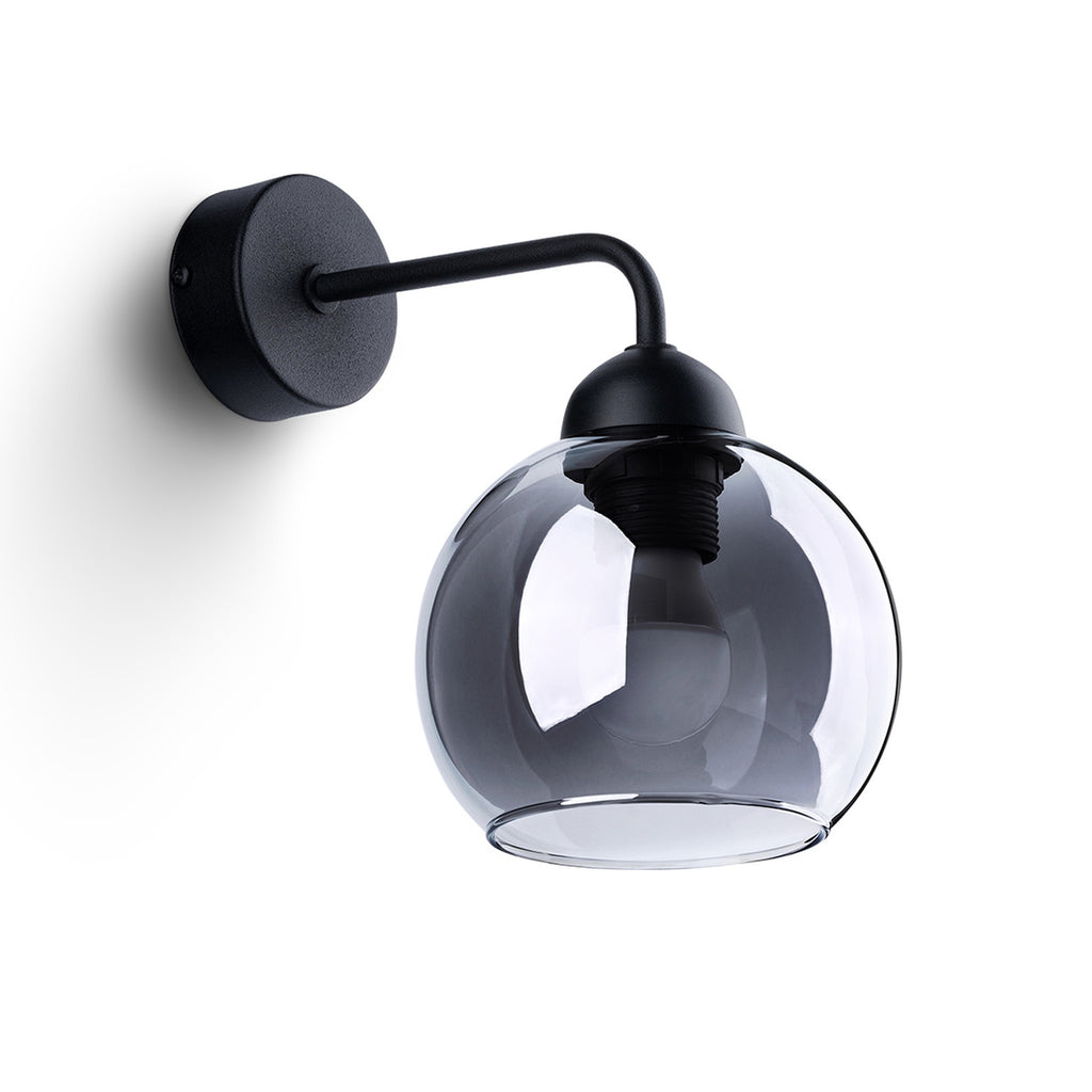 Applique Alino verre fumé E27, globe de verre fumé sur bras d'acier noir courbé, ampoule E27 apparente