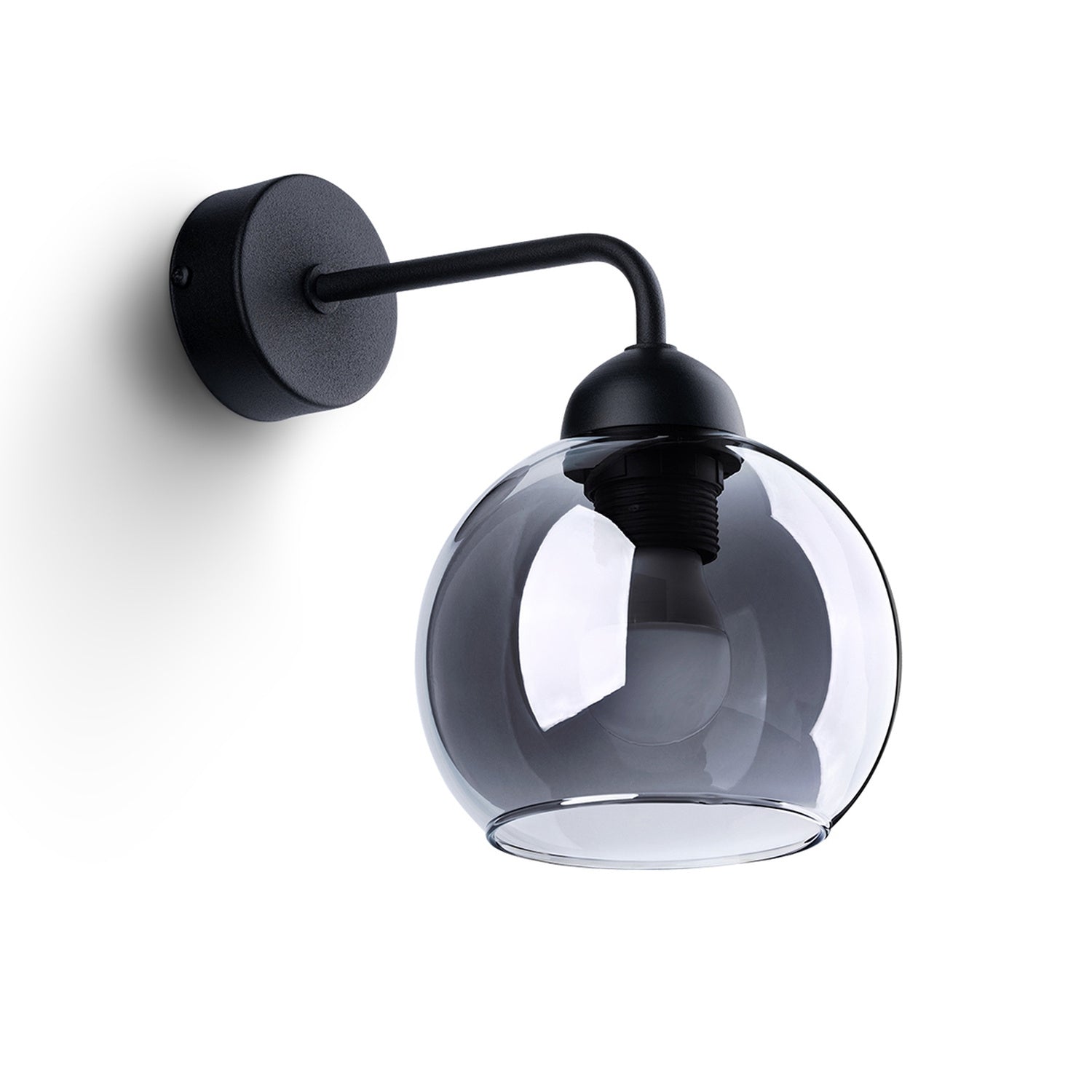 Applique Alino verre fumé E27, globe de verre fumé sur bras d'acier noir courbé, ampoule E27 apparente