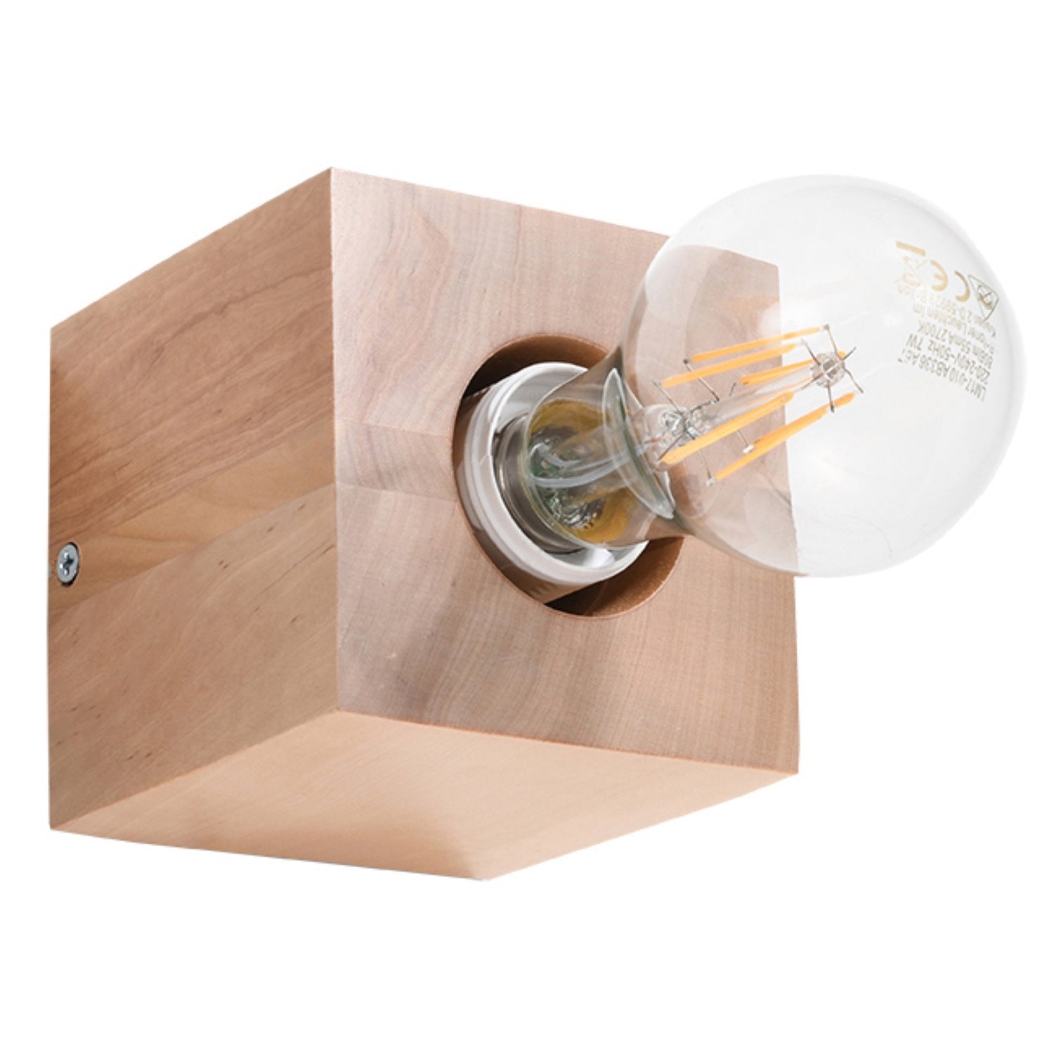 Applique Ariz en bois naturel, cube massif à ampoule apparente, vue de face