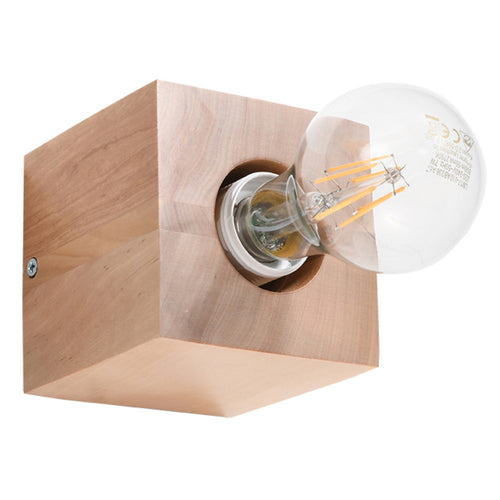 Applique Ariz en bois naturel, cube massif à ampoule apparente, vue de face