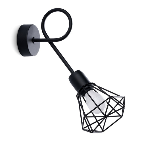 Applique Artemis acier noir à bras courbé, abat-jour cage diamant en fil métallique, ampoule E14