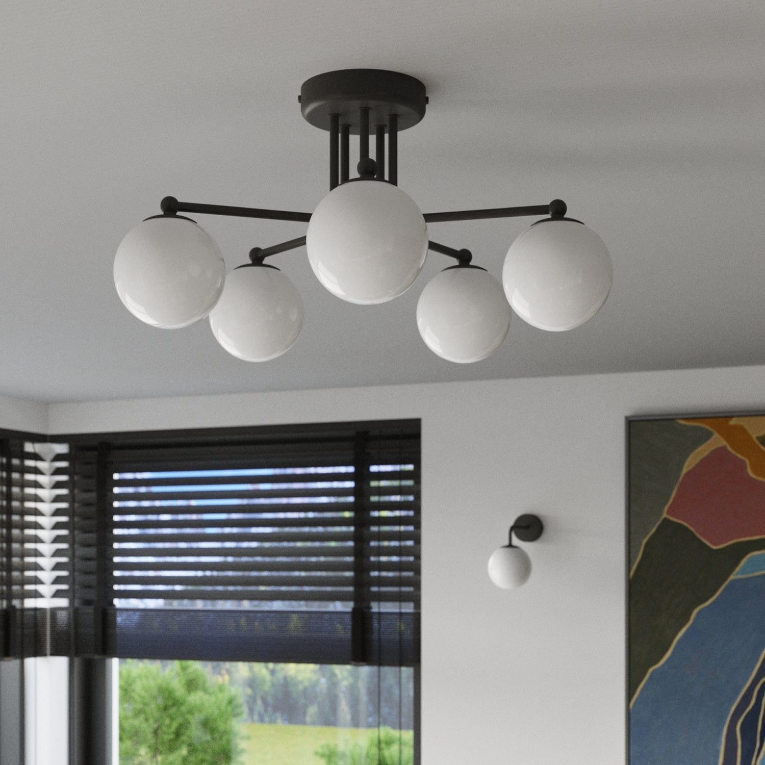 Applique Astral 1 boule opale acier noire G9 en situation dans un intérieur